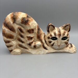 James Haddon Vintage Folk Art Wood Hand Carved Tabby Cat Kitty Signed